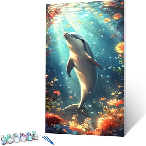 Malen Nach Zahlen Erwachsene Delphin, Malen Nach Zahlen Kinder Blume, DIY Handgemaltes Ölgemälde Set für Anfänger (90x180cm),Bastelset Erwachsene Paint by Numbers,Geschenke für Frauen Zimmer Deko 6630 von XELIETOO