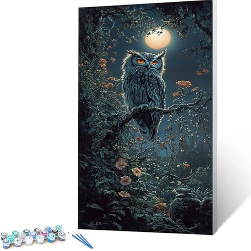 Malen Nach Zahlen Erwachsene Eule, Malen Nach Zahlen ab 7 jahre Mädchen Mond, Diy set Erwachsene mit 3 Arten Pinsel Acrylfarben Set und Leinwand 100x200 cm, Paint by Numbers für Deko Wohnzimmer 3173 von XELIETOO