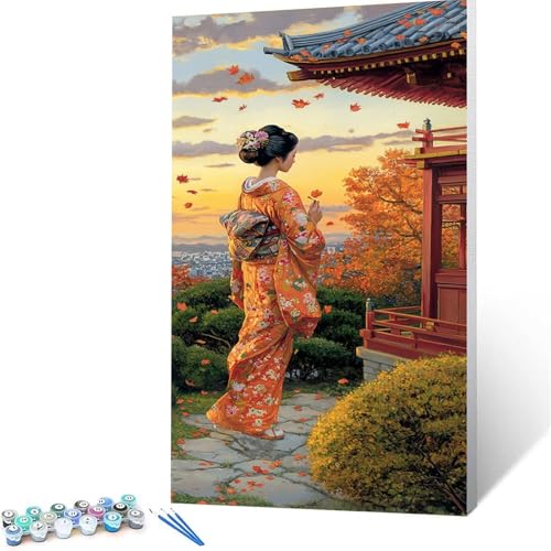 Malen Nach Zahlen Erwachsene Geisha, Malen Nach Zahlen ab 7 jahre Mädchen Stadt, Diy set Erwachsene mit 3 Arten Pinsel Acrylfarben Set und Leinwand 70 x 140 CM, Paint by Numbers, Deko Wohnzimmer 6873 von XELIETOO