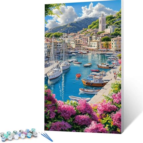 Malen Nach Zahlen Erwachsene Hafen, Malen Nach Zahlen ab 7 jahre Mädchen Landschaft, Diy Set Erwachsene mit 3 Arten Pinsel Acrylfarben Set und Leinwand 80x160cm,Paint by Numbers,Deko Wohnzimmer 9595 von XELIETOO