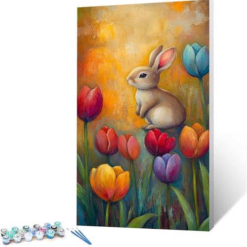 Malen Nach Zahlen Erwachsene Kaninchen, Malen Nach Zahlen ab 7 jahre Mädchen Blume, Diy set Erwachsene mit 3 Arten Pinsel Acrylfarben Set und Leinwand 30x60cm, Paint by Numbers, Deko Wohnzimmer 2578 von XELIETOO