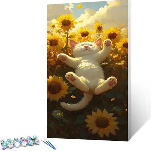 Malen Nach Zahlen Erwachsene Katze, Malen Nach Zahlen ab 7 jahre Mädchen Sonnenblume, Diy Set Erwachsene mit 3 Arten Pinsel Acrylfarben Set und Leinwand 90x180 cm,Paint by Numbers,Deko Wohnzimmer 6761 von XELIETOO