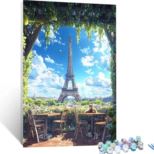 Malen Nach Zahlen Erwachsene Katzen, Malen Nach Zahlen auf Leinwand mit Pinsel und Acrylfarben set 40x55cm, Diy Bastelset Erwachsene Eiffelturm, für Deko Wohnzimmer und Geschenke für Frauen 4064 von XELIETOO