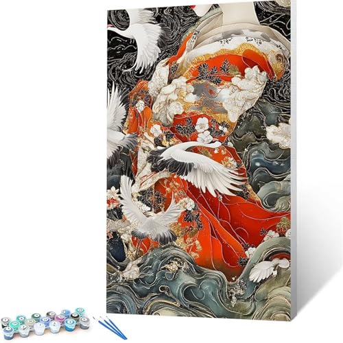 Malen Nach Zahlen Erwachsene Kran, Malen Nach Zahlen ab 7 jahre Mädchen Geisha, Diy set Erwachsene mit 3 Arten Pinsel Acrylfarben Set und Leinwand 80x160cm, Paint by Numbers für Deko Wohnzimmer 1178 von XELIETOO