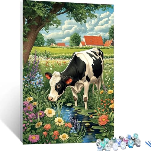 Malen Nach Zahlen Erwachsene Kühe, Malen Nach Zahlen Kinder Blume, DIY Handgemaltes Ölgemälde Set für Anfänger, Bastelset Erwachsene Paint by Numbers, Geschenke für Frauen und Zimmer Deko 30x40cm 8592 von XELIETOO