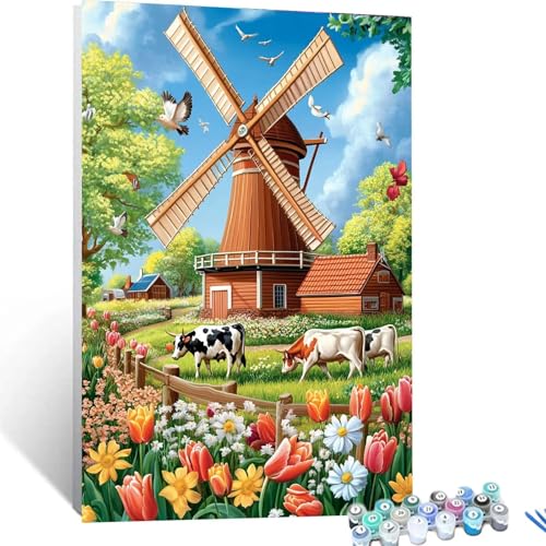 Malen Nach Zahlen Erwachsene Kühe, Malen Nach Zahlen Kinder Windmühle, Handgemaltes Ölgemälde Set für Anfänger, Bastelset Erwachsene Paint by Numbers, Geschenke für Frauen, Zimmer Deko 30x40cm 2529 von XELIETOO