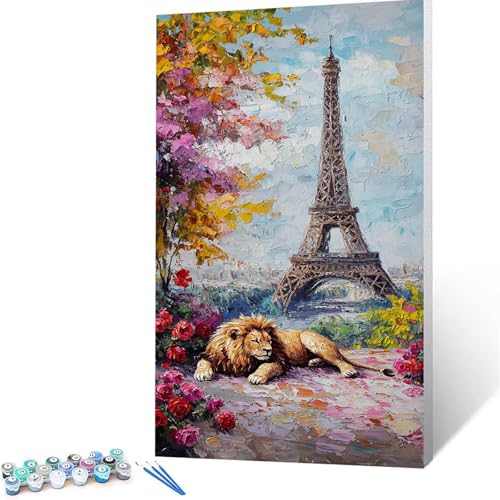 Malen Nach Zahlen Erwachsene Löwe, Malen Nach Zahlen ab 7 jahre Mädchen Paris, Diy set Erwachsene mit 3 Arten Pinsel Acrylfarben Set und Leinwand 70x140cm, Paint by Numbers für Deko Wohnzimmer 7547 von XELIETOO