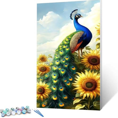 Malen Nach Zahlen Erwachsene Pfau, Malen Nach Zahlen ab 7 jahre Mädchen Sonnenblume, Diy Set Erwachsene mit 3 Arten Pinsel Acrylfarben Set und Leinwand (50 x 100 cm),Paint by Numbers Zimmer Deko 6094 von XELIETOO