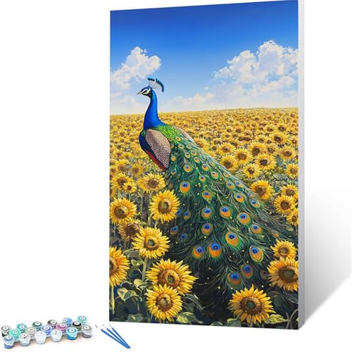 Malen Nach Zahlen Erwachsene Pfau, Malen Nach Zahlen ab 7 jahre Mädchen Sonnenblume, Diy Set Erwachsene mit 3 Arten Pinsel Acrylfarben Set und Leinwand 70x140 CM,Paint by Numbers,Deko Wohnzimmer 1751 von XELIETOO