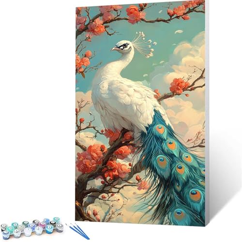 Malen Nach Zahlen Erwachsene Pfau, Malen Nach Zahlen auf Leinwand mit Pinsel und Acrylfarben set 90 x 180 cm, Diy Bastelset Erwachsene Blume, für Deko Wohnzimmer, Geschenke für Frauen (rahmenlos) 2065 von XELIETOO