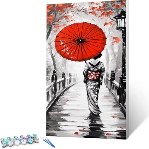 Malen Nach Zahlen Erwachsene Regenschirm, Malen Nach Zahlen ab 7 jahre Mädchen Geisha, Diy Set Erwachsene mit 3 Arten Pinsel Acrylfarben Set und Leinwand (50x100 cm),Paint by Numbers Zimmer Deko 8043 von XELIETOO