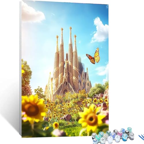 Malen Nach Zahlen Erwachsene Sagrada Familia, Malen Nach Zahlen Kinder Blume, Handgemaltes Ölgemälde Set für Anfänger, Bastelset Erwachsene Paint by Numbers, Geschenke für Frauen 40x55cm 6842 von XELIETOO