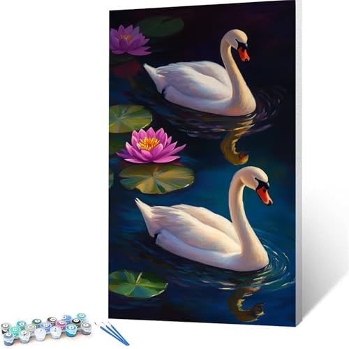 Malen Nach Zahlen Erwachsene Schwan, Malen Nach Zahlen ab 7 jahre Mädchen Blume, Diy set Erwachsene mit 3 Arten Pinsel Acrylfarben Set und Leinwand 35x70cm, Paint by Numbers für Deko Wohnzimmer 6742 von XELIETOO