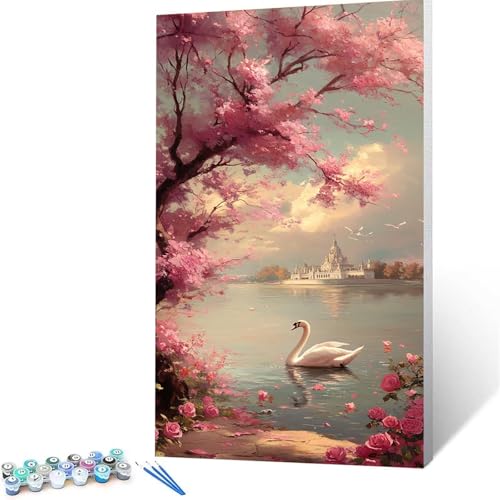 Malen Nach Zahlen Erwachsene Schwan, Malen Nach Zahlen ab 7 jahre Mädchen Burg, Diy set Erwachsene mit 3 Arten Pinsel Acrylfarben Set und Leinwand (40 x 80 cm), Paint by Numbers, Deko Wohnzimmer 7879 von XELIETOO