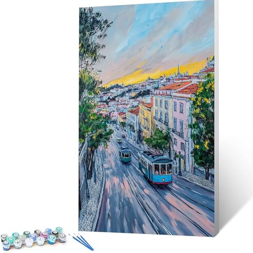 Malen Nach Zahlen Erwachsene Stadt, Malen Nach Zahlen auf Leinwand mit Pinsel und Acrylfarben set (50x100 cm), Diy Bastelset Erwachsene Tram, für Deko Wohnzimmer, Geschenke für Frauen (rahmenlos) 2791 von XELIETOO