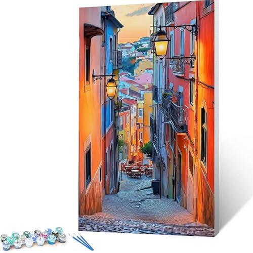 Malen Nach Zahlen Erwachsene Straßenansicht, Malen Nach Zahlen ab 7 jahre Mädchen Stadt,Diy Set Erwachsene mit 3 Arten Pinsel Acrylfarben Set und Leinwand 80x160cm,Paint by Numbers,Deko Wohnzimmer 272 von XELIETOO