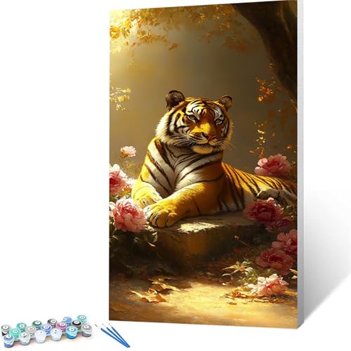 Malen Nach Zahlen Erwachsene Tiger, Malen Nach Zahlen ab 7 jahre Mädchen Blume, Diy set Erwachsene mit 3 Arten Pinsel Acrylfarben Set und Leinwand 80x160 cm, Paint by Numbers für Deko Wohnzimmer 7659 von XELIETOO