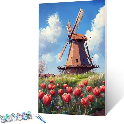 Malen Nach Zahlen Erwachsene Windmühle, Malen Nach Zahlen ab 7 jahre Mädchen Blume, Diy Set Erwachsene mit 3 Arten Pinsel Acrylfarben Set und Leinwand (60x120 cm),Paint by Numbers,Deko Wohnzimmer 3538 von XELIETOO