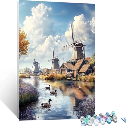 Malen Nach Zahlen Erwachsene Windmühle, Malen Nach Zahlen auf Leinwand mit Pinsel und Acrylfarben set 50x70cm, Diy Bastelset Erwachsene Landschaft, für Deko Wohnzimmer und Geschenke für Frauen 6914 von XELIETOO