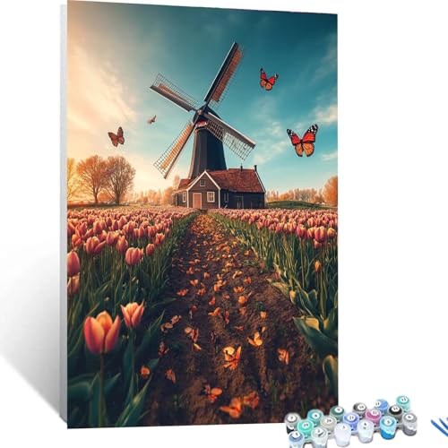 Malen Nach Zahlen Erwachsene Windmühlen, Malen Nach Zahlen Kinder Blume, Handgemaltes Ölgemälde Set für Anfänger, Bastelset Erwachsene Paint by Numbers, Geschenke für Frauen, Zimmer Deko 40x55cm 5853 von XELIETOO