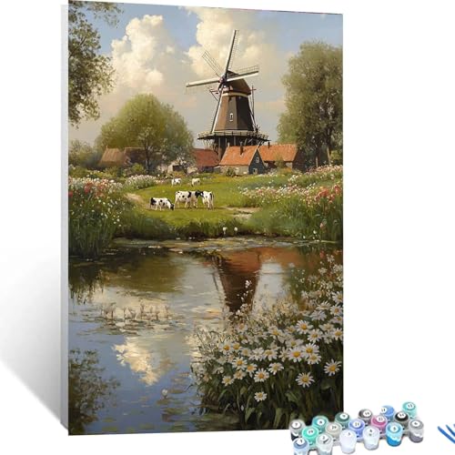 Malen Nach Zahlen Erwachsene Windmühlen, Malen Nach Zahlen Kinder Kuh, Handgemaltes Ölgemälde Set für Anfänger, Bastelset Erwachsene Paint by Numbers, Geschenke für Frauen, Zimmer Deko 40x55cm 6055 von XELIETOO