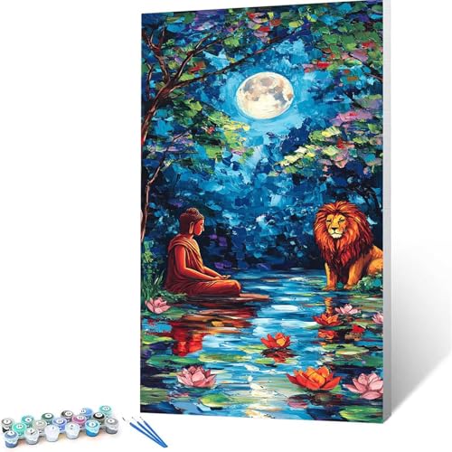 Malen Nach Zahlen Erwachsene Zen, Malen Nach Zahlen ab 7 jahre Mädchen Löwe, Diy set Erwachsene mit 3 Arten Pinsel Acrylfarben Set und Leinwand 80x160 cm, Paint by Numbers für Deko Wohnzimmer 7124 von XELIETOO