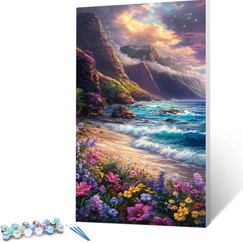 Malen Nach Zahlen Kinder ab 7 8 Jahre Mädchen Strand Malen Nach Zahlen Erwachsene Malen-Nach-Zahlen Spiele für Erwachsene, Paint by Numbers Geschenke für Frauen Zimmer Deko Blume (50 x 100 cm ) S/A-5 von XELIETOO