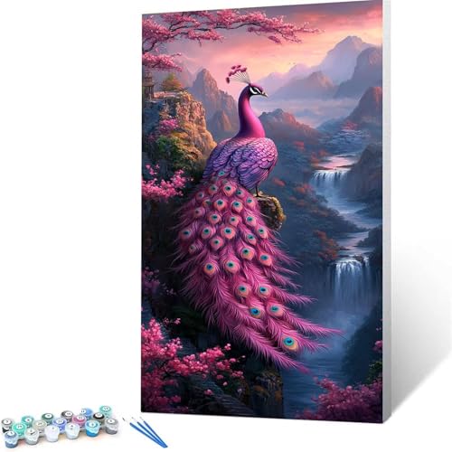 Malen nach Zahlen Erwachsene Berg DIY Handgemalt Ölgemälde Kit-60x120cm, Paint by Numbers Adult Mit 3 Typen Pinseln und Acrylfarbe knitterfreie leinwand Kit,Zimmer Deko Geschenke für Frauen Pfau 9/G-9 von XELIETOO