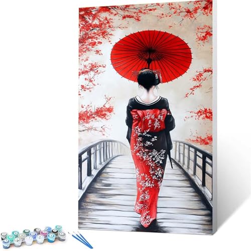 Malen nach Zahlen Erwachsene Regenschirm DIY Handgemalt Ölgemälde Kit-(60x120cm), Paint by Numbers Adult Mit 3 Typen Pinseln und Acrylfarbe knitterfreie leinwand Kit,Geschenke für Frauen Geisha X/2-P von XELIETOO