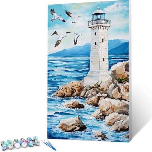 Malen nach Zahlen Erwachsene Vögel DIY Handgemalt Ölgemälde Kit-60 x 120cm, Paint by Numbers Adult Mit 3 Typen Pinseln und Acrylfarbe knitterfreie leinwand Kit, Geschenke für Frauen Leuchtturm J/2-K von XELIETOO