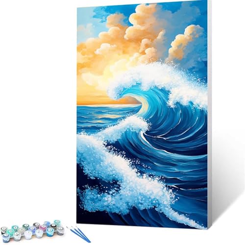 Malen nach Zahlen Erwachsene Wellen DIY Handgemalt Ölgemälde Kit -(60 x 120cm ), Paint by Numbers Adult Mit 3 Typen Pinseln und Acrylfarbe knitterfreie leinwand Kit, Geschenke für Frauen Meer 2/L-9 von XELIETOO