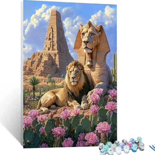 XELIETOO Malen Nach Zahlen Erwachsene Löwe, Malen Nach Zahlen auf Leinwand mit Pinsel und Acrylfarben set 30x40cm, Diy Bastelset Erwachsene Ägypten, für Deko Wohnzimmer und Geschenke für Frauen 7319 von XELIETOO