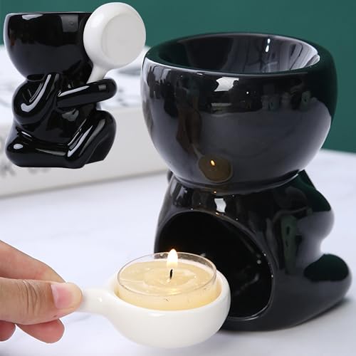 XFLYP Keramik Duftlampe Für Wachs, Mini Teelichthalter Öl Brenner Für Duftwachs-Ätherische Öle, Aromabrenner für Duftöl mit der Candle Löffel Aroma Diffuser (Schwarz 1) von XFLYP