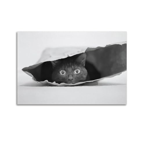 XFPMXC Tierposter, Motiv: Eine schwarze Katze mit großen Augen steckt den Kopf aus einer zerrissenen Papiertüte, dekoratives Gemälde, Leinwand, Wandkunstwerk, Bild, 50 x 75 cm von XFPMXC