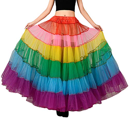 XFUYI Mehrfarbiger A-Linien-Maxi-Tutu-Rock in Regenbogenfarben plissiert bodenlang Netzstoff Petticoat aus Polyester von XFUYI