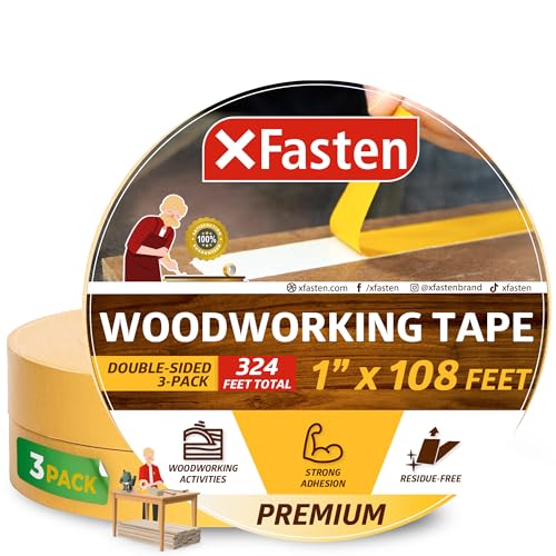 XFasten Doppelseitiges Klebeband für die Holzbearbeitung, 1 Zoll x 36 Meter, 3er-Pack - Doppelseitiges Drechslerklebeband für Holzschablonen, ablösbar und rückstandsfrei von XFasten