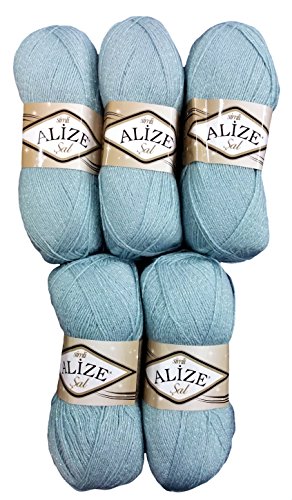 5 x 100 g Alize Glitzerwolle SAL zum Stricken und Häkeln, 500 Gramm Metallic – Wolle (graublau 114) von XGAGHB