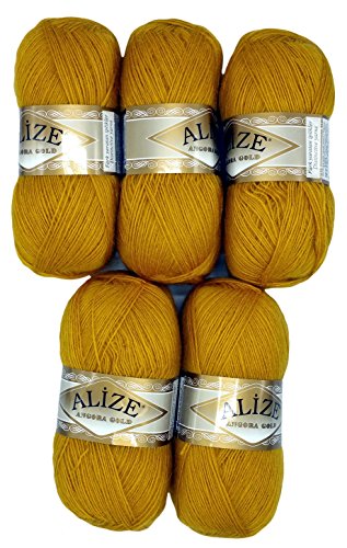 Alize 5 x 100 g Strickwolle mit Mohair, Gold gelb Nr. 02 zum Stricken und Häkeln, 500 Gramm Wolle von XGAGHB