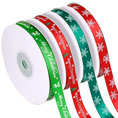 Schleifenband Weihnachten, 4 Rollen Geschenkband Rot Weihnachtsbänder Grün Rotes Satinband, Weihnachtsbaum Dekoband 10mm Breite Ripsband Schneeflocke Elch Bänder für Geschenk Dekoration(22m/Rollen) von XGAGHB