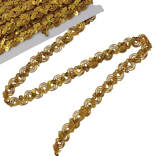 XGNG 1 Rolle (6 Yard) gewellte goldene Spitze, zarte doppellagige Pailletten, Bühnenkostüm-Zubehör, Strick-Dekoration zum Nähen von Vorhängen, feste Lampenschirme, Metall, gewellter Rand, Spitze von XGNG