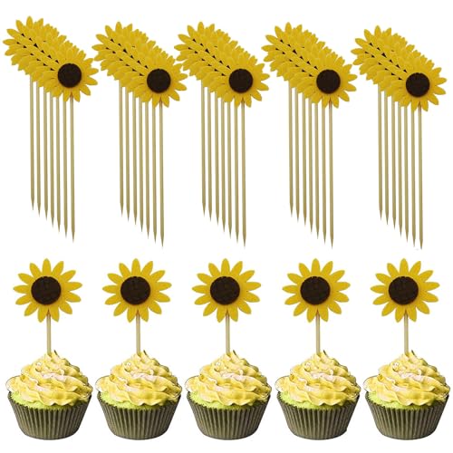 XGNG 60 gelbe Blumen-Kuchenspieße, Sonnenblumen-Zahnstocher, Sommerspieße, Sonnenblumen-Cupcake-Aufsätze für Babyparty, Hochzeit, Party, Geburtstag, Kuchendekorationen von XGNG