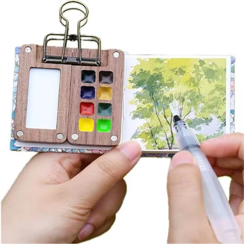 Portable Skizzenbuch Palette Set 8 Grids Mini Holz Reise Malpalette Malkasten für Aquarell Gouache Acrylmalerei Kommen mit Aquarellpapier Journal, Aquarellpinsel Stifte und EIN Clip von XHDIGI