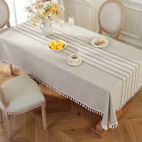 Tischdecke - Rechteckig Tischtuch Baumwolle Leinen Quaste Design - Antifouling Knitterfrei Table Cloth Für Küche Esszimmer Outdoor Garten (Khaki,140x240cm) von XHDZSW