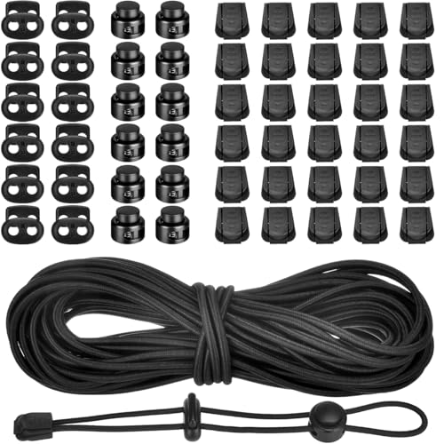 XHTXHT 10m Elastische Gummischnur 3mm Elastische Gummiseil Elastische Dehnbare Schnur Mit 30 Reißverschluss Pull Cord Lock Cord 24 Doppel-Loch Kordelstopper, für Rucksack, Schnürsenkel von XHTXHT