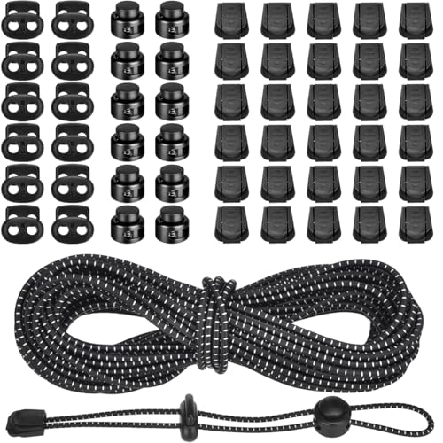 XHTXHT 10m Elastische Gummischnur Elastische Dehnbare Schnur 3mm Elastische Gummiseil Mit 30 Reißverschluss Pull Cord Lock Cord 24 Doppel-Loch Kordelstopper, für Rucksack, Schnürsenkel von XHTXHT