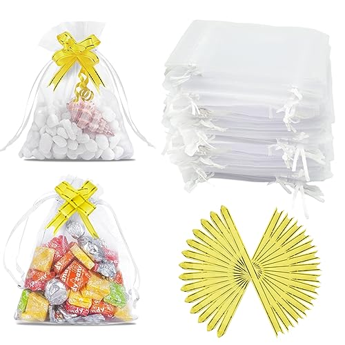 XIANGLONGY 50 Stück Organzasäckchen, Organza Säckchen mit 50 Geschenkschleife, Weiß Organzasäckchen 10x15 für Party, Hochzeit, Festival von XIANGLONGY