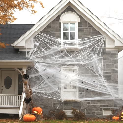 200g Halloween Deko Spinnennetz mit 30 Kleinen Spinnen, Halloween Spinnenweben, Halloween Das Spinnennetz, Hochwertige Baumwollspinnweben für Halloween Deko Outdoor von XIANGLONGY