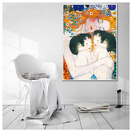 Wandkunstdrucke Bilder von Gustav Klimt Mutter Liebe Zwillinge Baby Malerei Nordic Leinwand Poster Wohnzimmer Wohnkultur 20x35cm (8''x14'') Mit Rahmen von XIANGPEIFBH