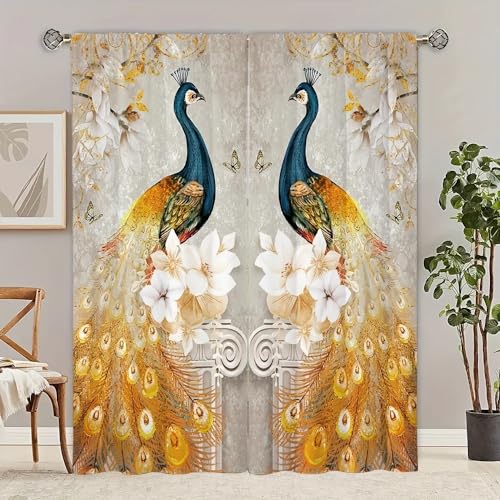 WeißE Blume Gardinen Verdunklungsvorhänge, Verdunklungsvorhänge Goldener Pfau Vorhang Blickdicht Vorhänge mit Ösen für Wohnzimmer Schlafzimmer Kinderzimmer 2er Set 175x140cm (HxB) von XIANGXIANG