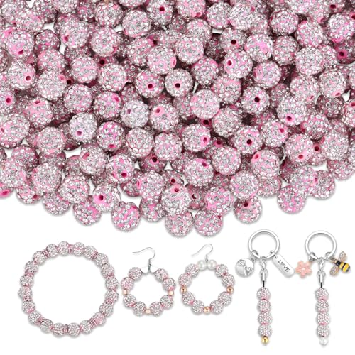 XIANNVXI Rosa Perlen 10mm Strass Glitzerperlen zum Auffädeln Rosa Perlen für Armbänder Ohrringe Kette DIY Schmuckherstellung Strasssteine Perlenset (100 Stück) von XIANNVXI